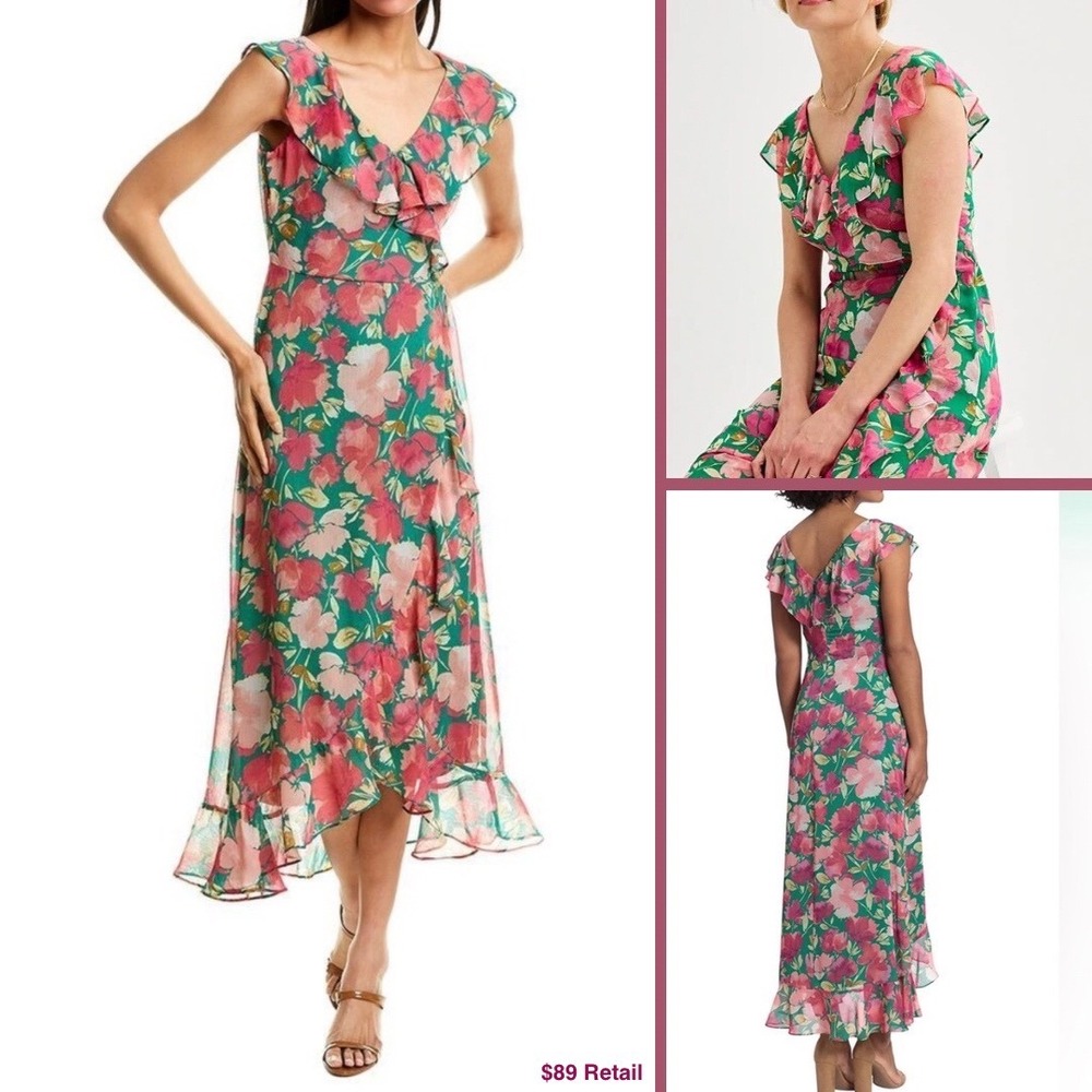 LONDON TIMES Ruffled Maxi Dress Size 14 Green Pink Floral Chiffon Garden Party